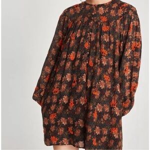 Zara Black Polka Dot Brown Floral Long Sleeve Mini Dress Embroidered, Size XS